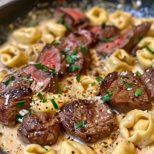 Juicy garlic steak tortellini with a rich cream sauce, highlighting the ingredients.