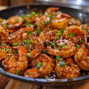 Appetizing plate of honey garlic shrimp featuring green onions and sesame seeds.