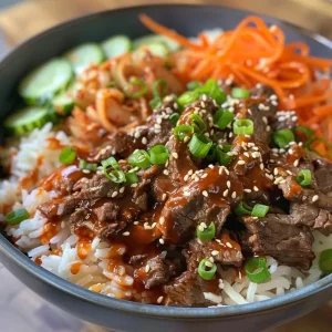 Side view of a Korean Beef Rice Bowl, showcasing tender beef over jasmine rice, garnished with sesame seeds.