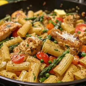 A side view of a One-Skillet Chicken Primavera featuring fresh ingredients and grated Parmesan.