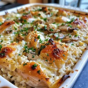 Side view of a hearty Chicken and Rice Casserole filled with rice, chicken, and herbs.
