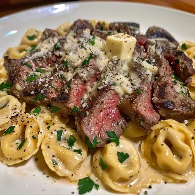 Detail shot of a creamy garlic steak tortellini dish, emphasizing the juicy steak pieces.