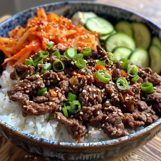 Detailed shot of a Korean Beef Rice Bowl filled with ground beef, vegetables, and a drizzle of sauce.