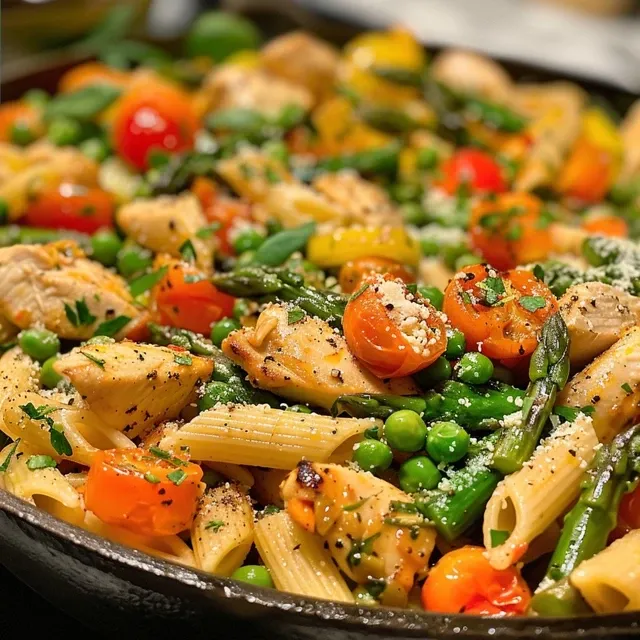 Side angle of pasta dish featuring chicken and lemon butter sauce.
