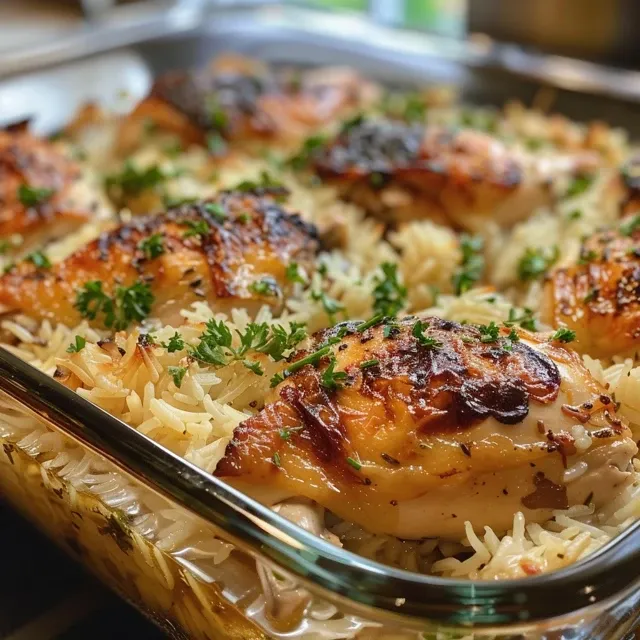 A delicious Chicken and Rice Casserole with a crispy top, garnished with parsley.