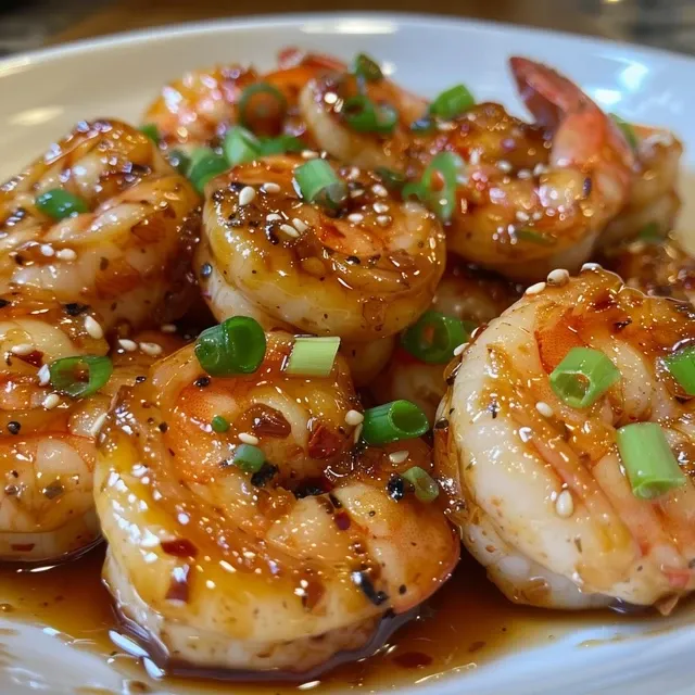 Delicious high-protein shrimp dish with a shiny glaze and fresh garnishes.