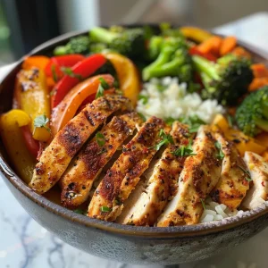 Juicy Balanced Chicken & Veggie Power Bowl displayed with vibrant ingredients over rice.