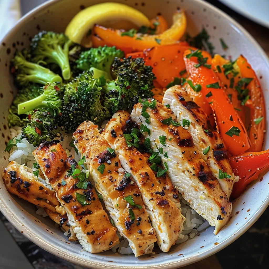 Colorful power bowl showcasing sliced chicken and fresh vegetables in a white bowl.