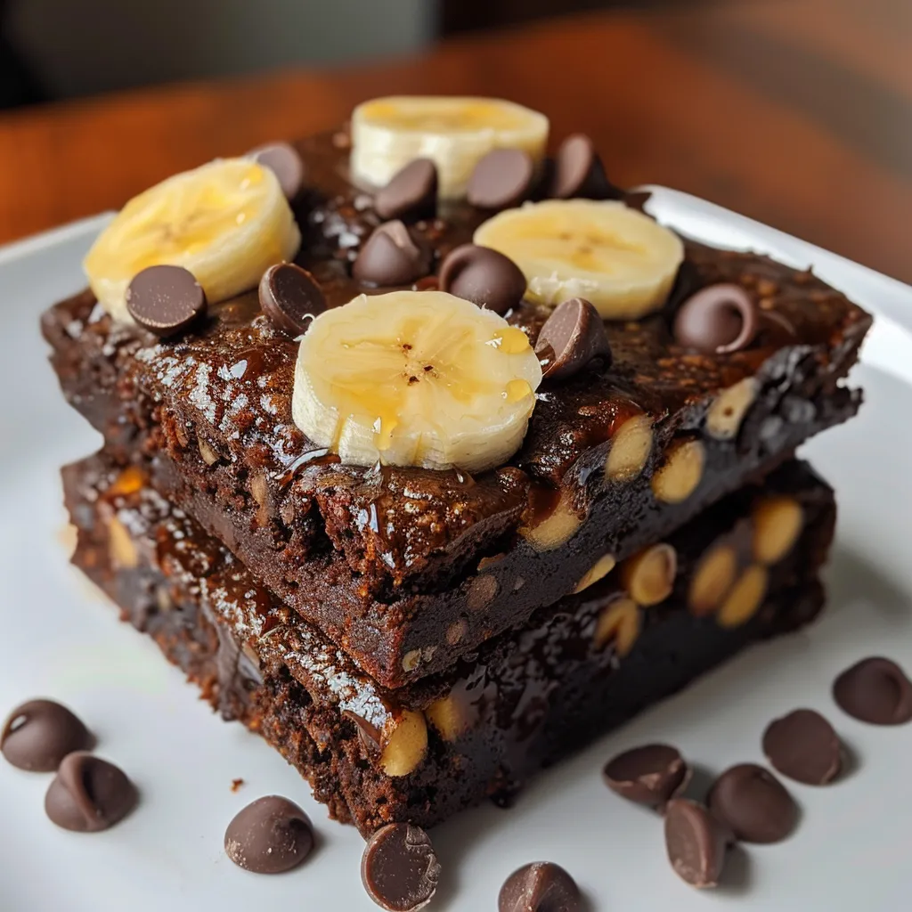 A juicy banana brownie slice drizzled with chocolate, presented on a plate.