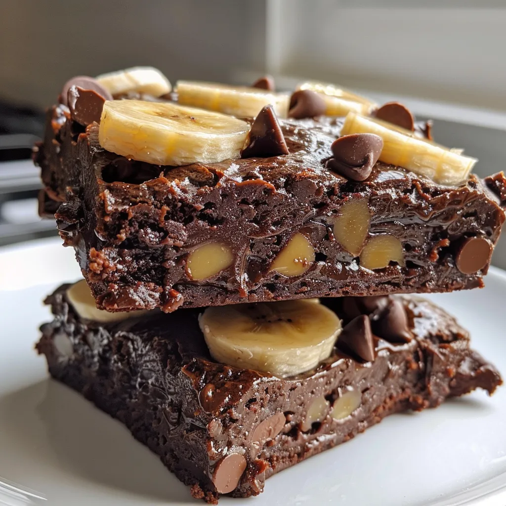 Golden brown banana brownies with visible chocolate chips and a soft interior.