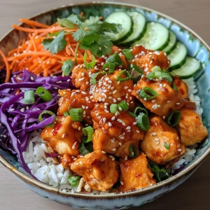 Detailed view of a Bang Bang Chicken Bowl featuring bite-sized chicken with colorful toppings and sauce.