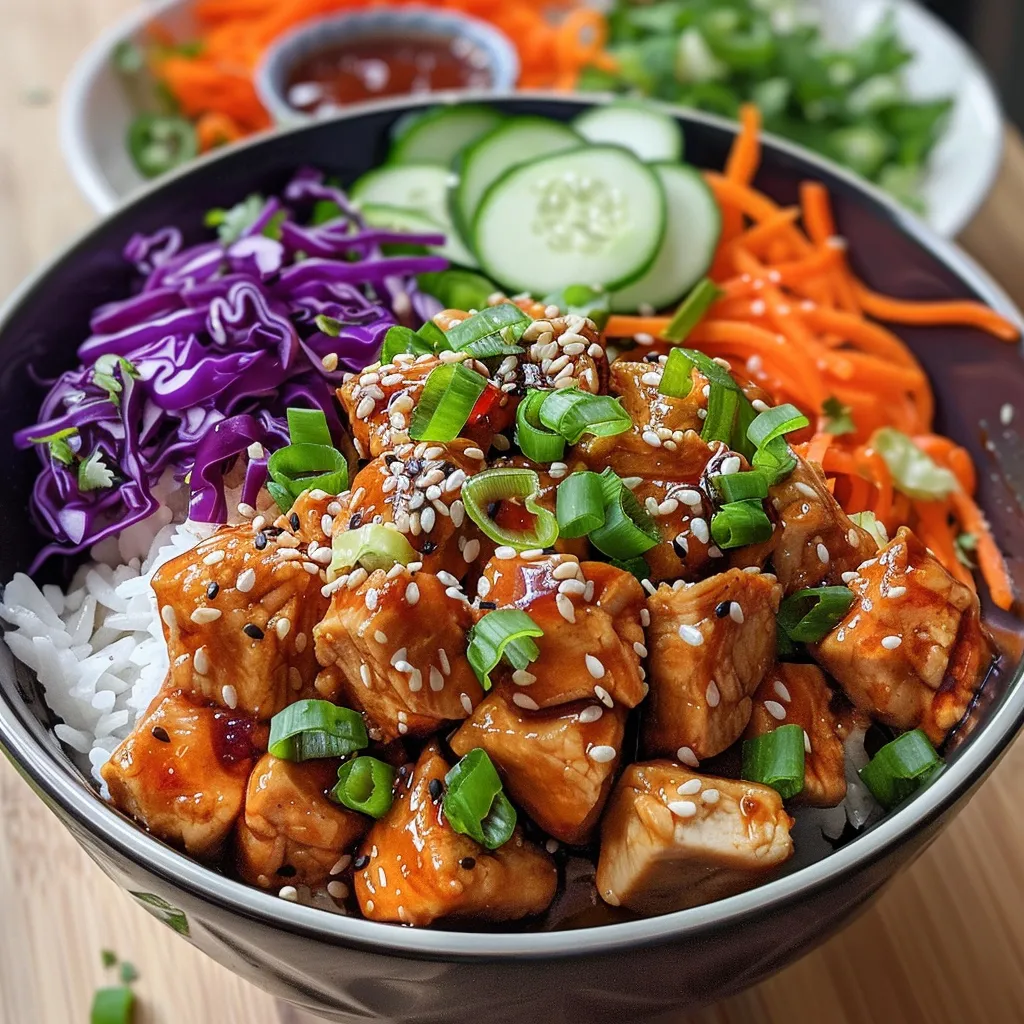 Overhead view of a delicious Bang Bang Chicken Bowl with a variety of textures and colors.