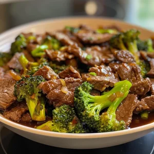 A colorful plate featuring beef and broccoli stir-fry, showcasing glossy sauce over vegetables.
