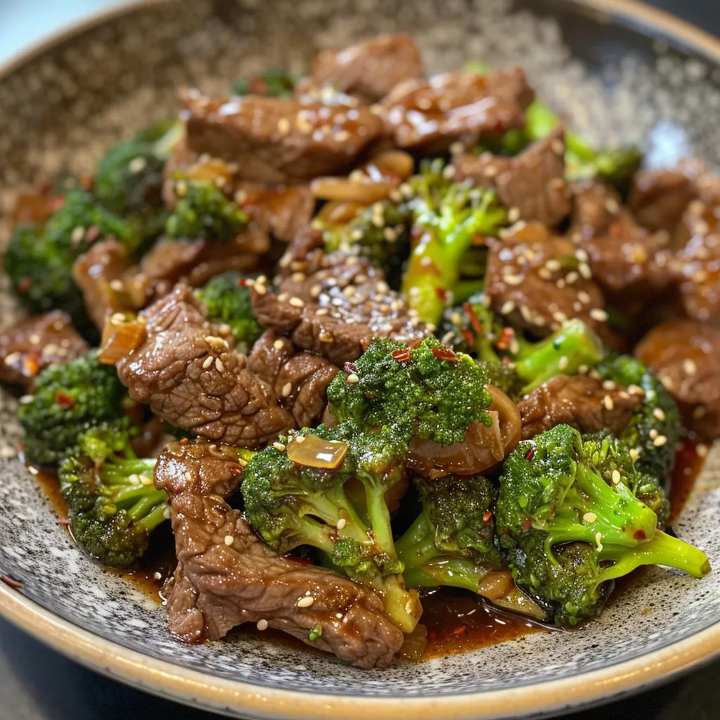 Delicious stir-fried beef and broccoli presented in a closeup side view, highlighting textures.
