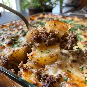 Side angle photo of a delicious beef and potato casserole, highlighting its golden crust and fresh parsley garnish.