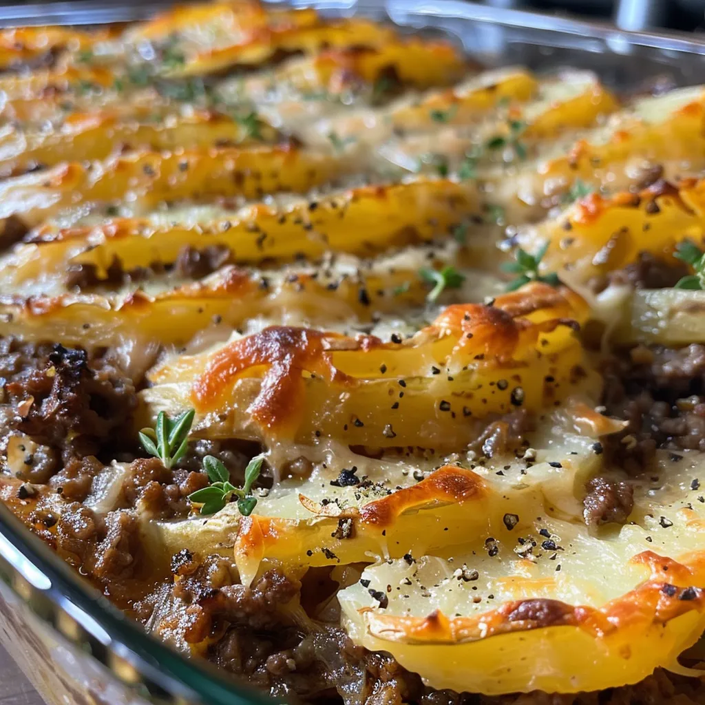 Juicy beef and potato casserole captured from the side, displaying the rich ingredients and texture.