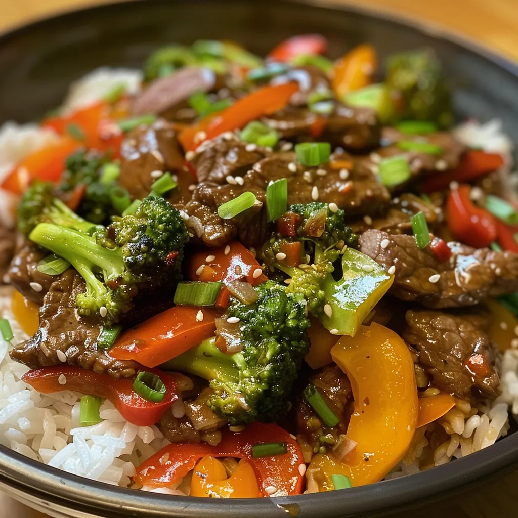 Mouth-watering beef stir fry with a mix of carrots, peppers, and green onions.