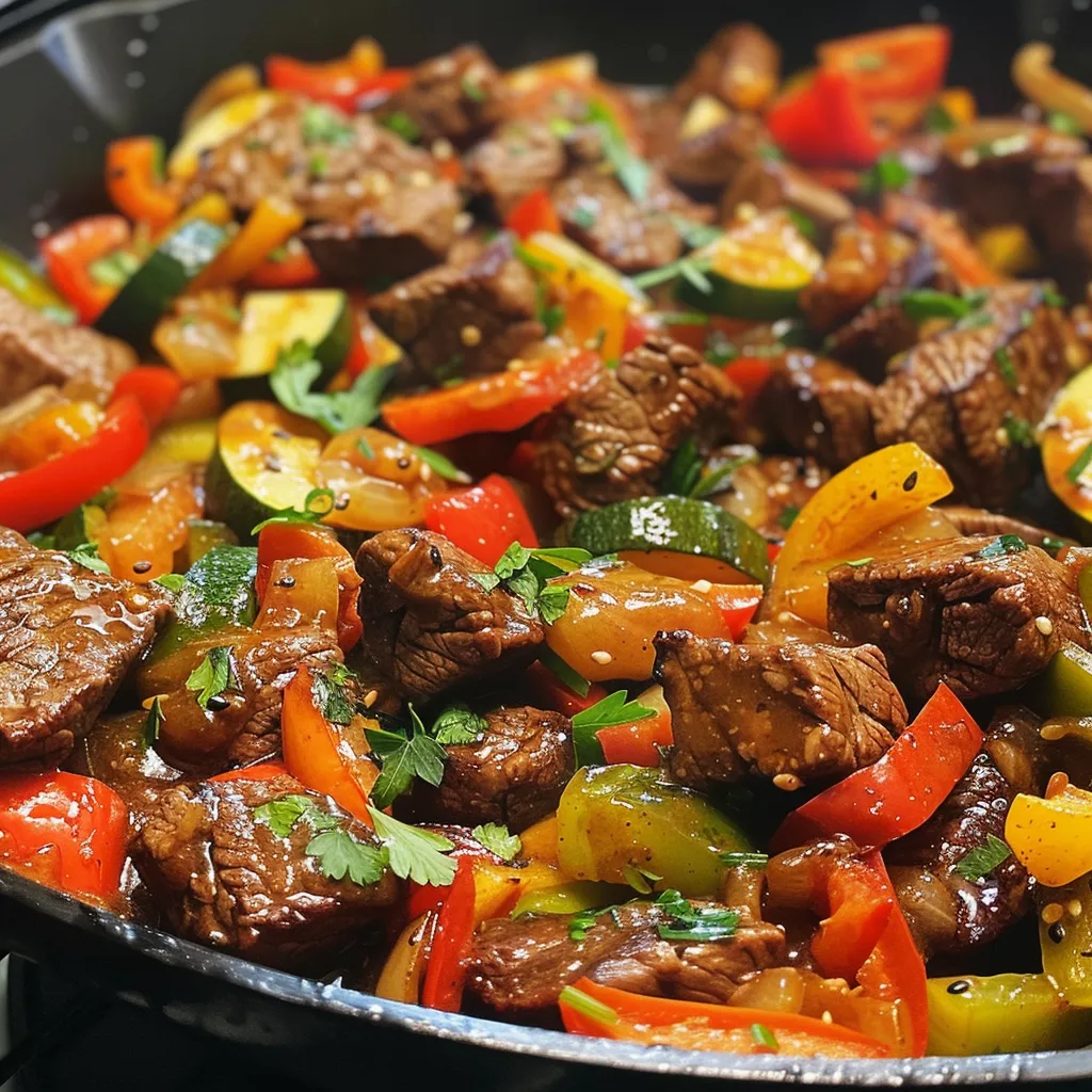 Side view of a colorful beef and vegetable dish in a butter sauce, garnished and inviting.