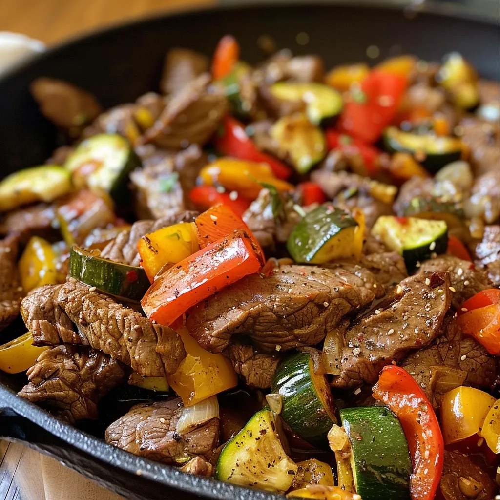 Freshly cooked beef and mixed vegetables in a skillet, showcasing a luscious butter sauce.