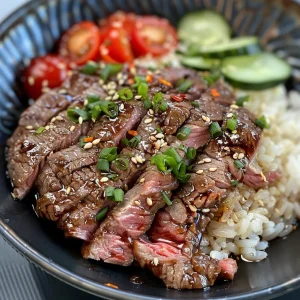 Marinated beef Yakiniku displaying a caramelized surface with sesame seeds on top.