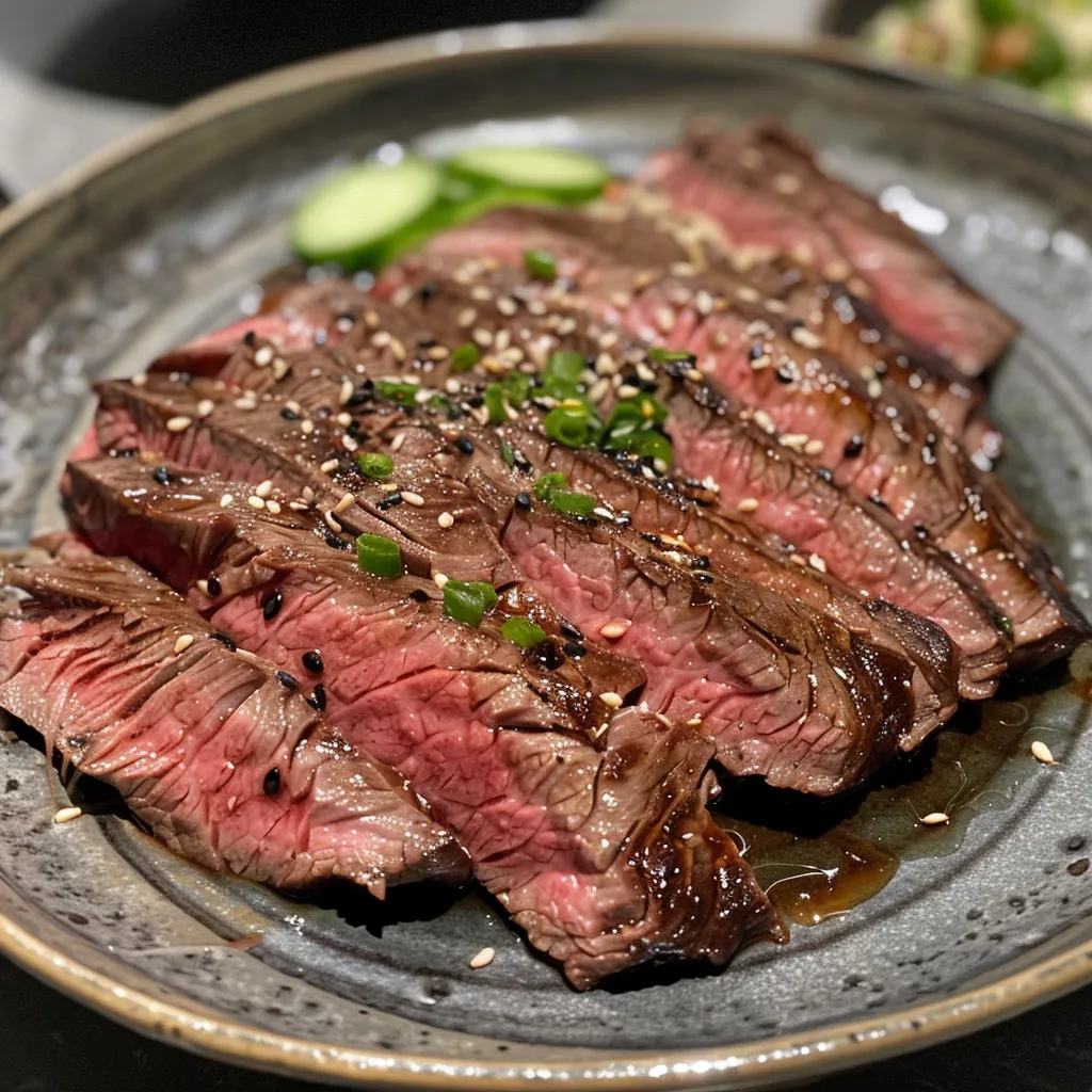 Flank steak in a close-up shot, revealing rich marbling and grilled texture.