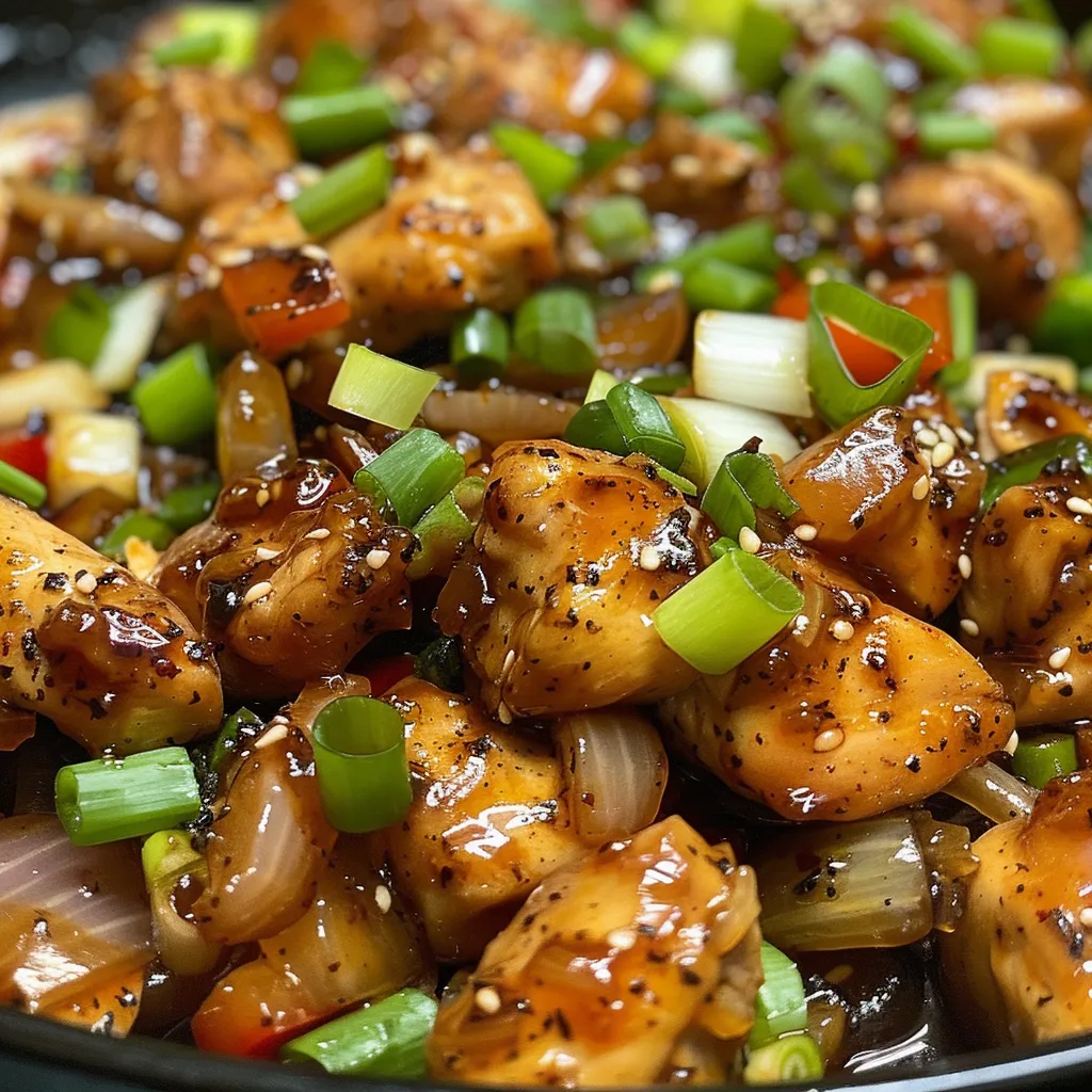 Side view of Black Pepper Chicken garnished with green onions.