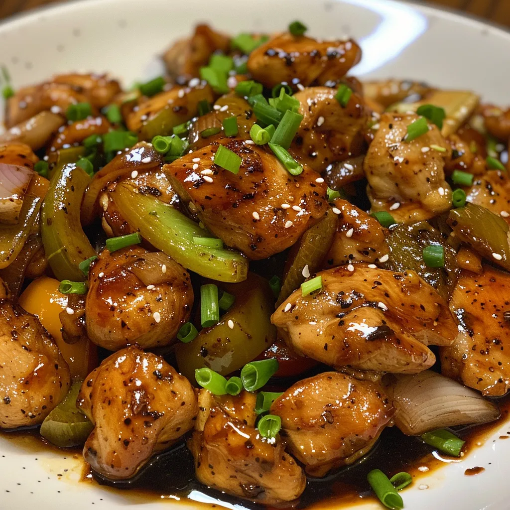 Succulent chicken thighs coated in black pepper and sauces.