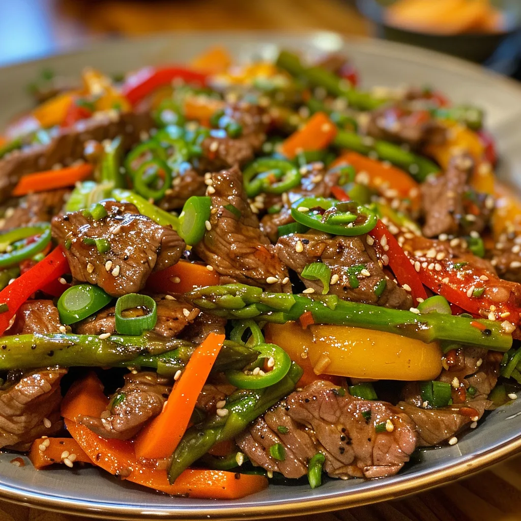 Side view of a delicious beef stir fry, showcasing fresh ingredients and textures.