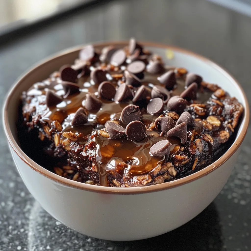 Gluten-free Brownie Baked Oatmeal with chocolate chips, served in a bowl.