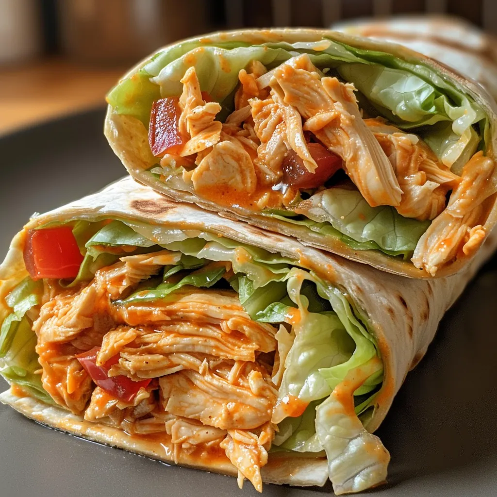 A detailed close-up of a Buffalo Chicken Wrap filled with chicken, sauce, and fresh veggies.