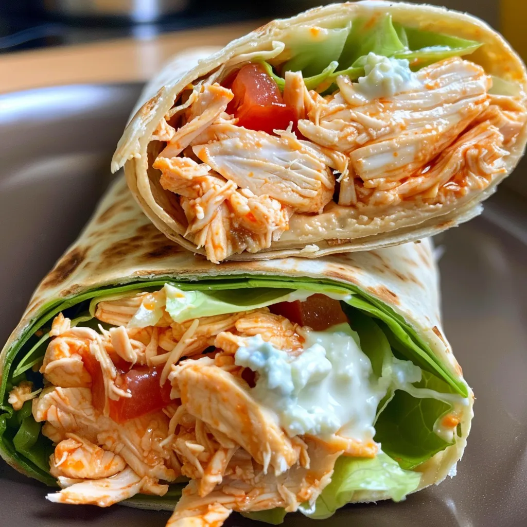 Side view of a delicious Buffalo Chicken Wrap displaying colorful ingredients and a tortilla shell.