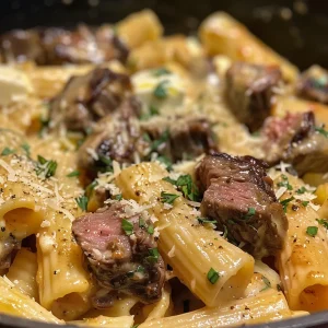 A plate of rigatoni pasta featuring Cajun steak tips in a rich, creamy sauce.