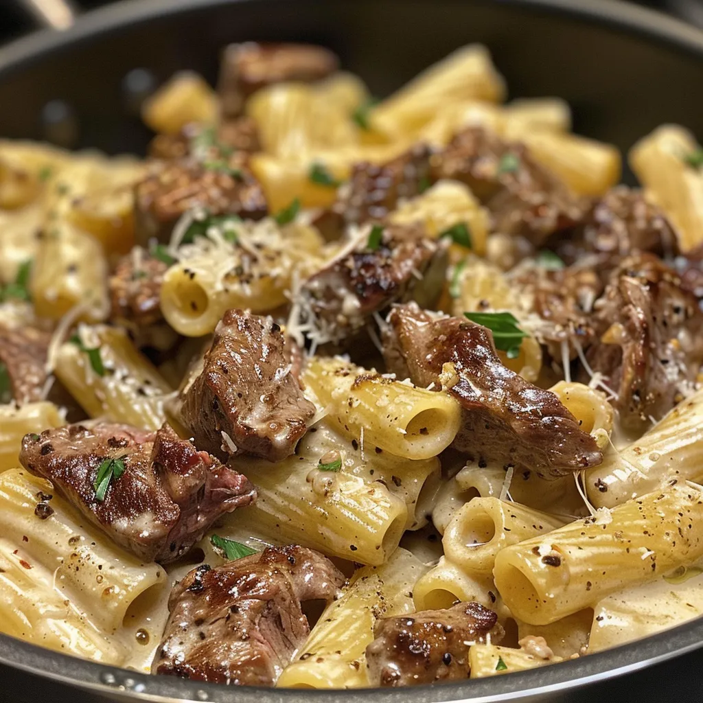Side view of a delicious dish with Cajun steak tips and cheesy rigatoni pasta.