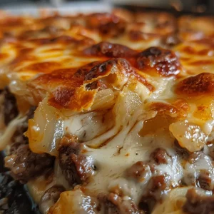 Juicy slice of cheesy beef and potato bake showcasing layers of meat and potatoes.