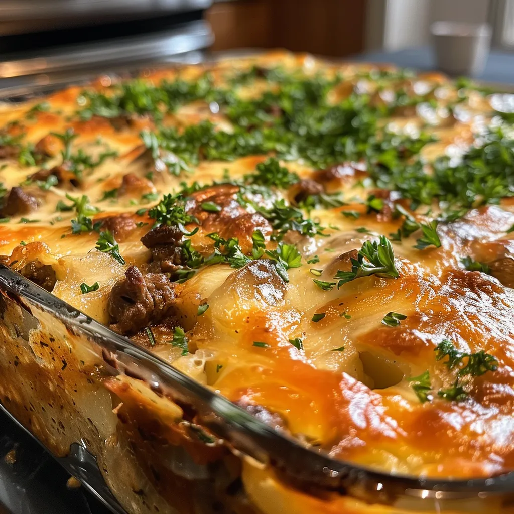 Delicious beef and potato bake with a crispy cheese topping on a plate.