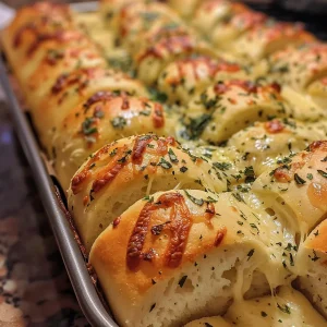 A side view of artisanal garlic bread, showing its soft texture and cheesy interior, with a sprinkle of fresh herbs.