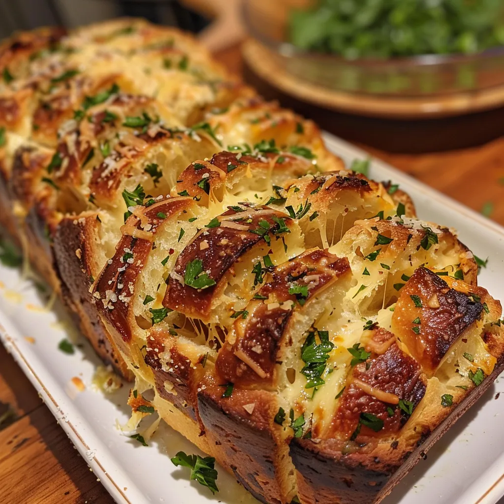Delicious pull-apart bread showcasing a golden crust and bubbling melted cheese, garnished with chopped parsley.