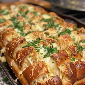 Juicy, golden-brown cheesy garlic pull-apart bread with visible layers and melted mozzarella.