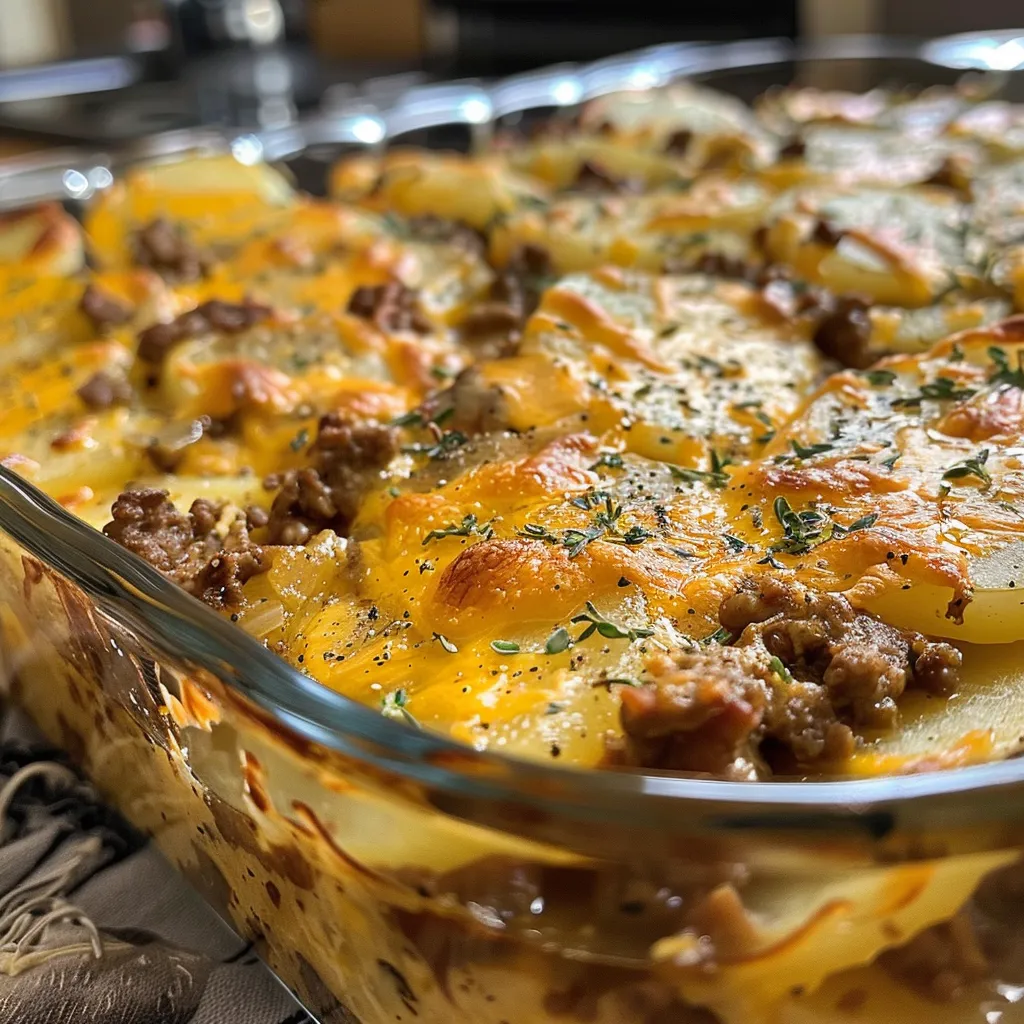 Delicious Cheesy Ground Beef & Potato Casserole with visible layers of meat and potatoes.