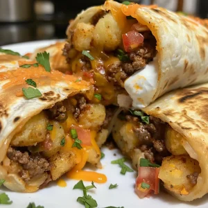 Juicy cheesy potato burritos on a plate, garnished with green onions and cilantro.