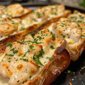 Juicy Chicken Alfredo Garlic Bread resting on a wooden cutting board, garnished with parsley.