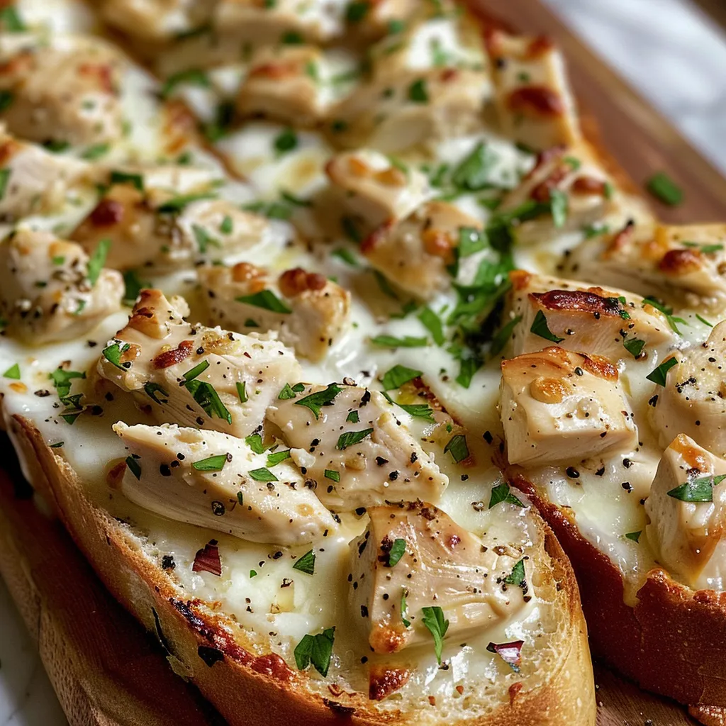 Appetizing Chicken Alfredo Garlic Bread with crispy edges and rich sauce visible.