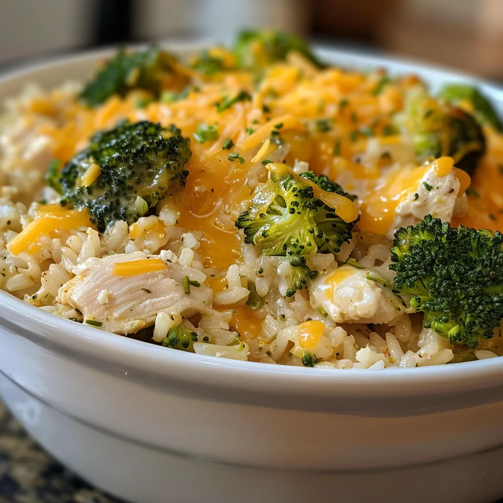 Juicy Chicken Broccoli Rice Casserole filled with melted cheese and vibrant broccoli florets.