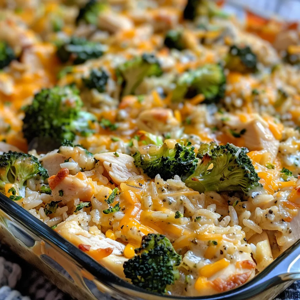 Delicious Chicken Broccoli Rice Casserole with a golden cheese topping and tender ingredients.