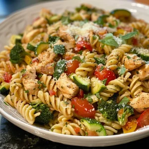 Delicious Chicken Pasta Primavera showcasing rotini pasta, vibrant vegetables, and Parmesan cheese.