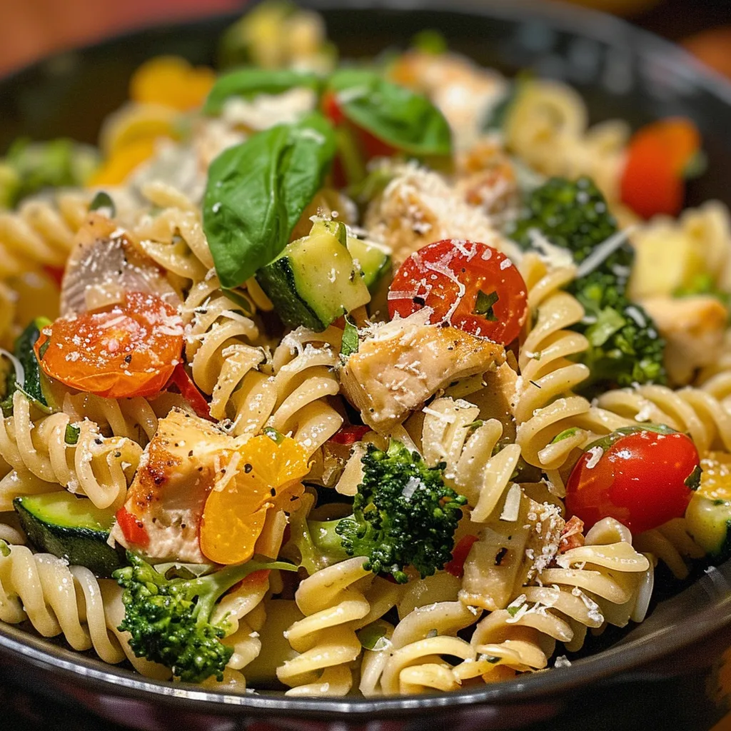 Side view of a hearty Chicken Pasta Primavera, highlighting the fresh ingredients and enticing colors.