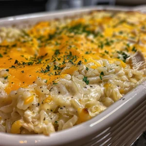 Juicy chicken rice casserole steaming in a dish, showcasing the creamy texture.