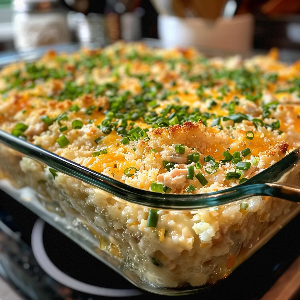 Delicious chicken rice casserole with a sprinkle of cheddar cheese and tender chicken.