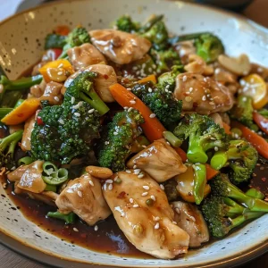 Detailed shot of stir-fried chicken with broccoli, bell peppers, and carrots.