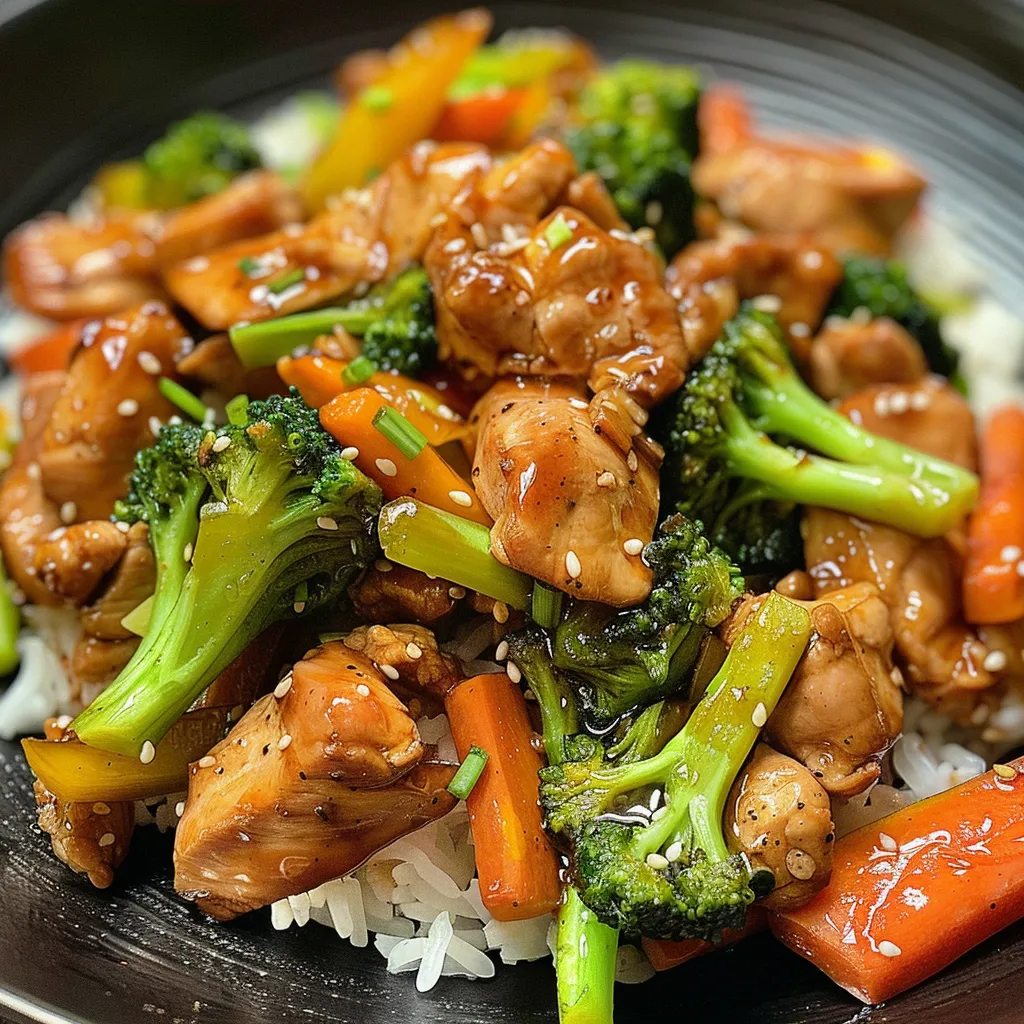 Appetizing close-up of a chicken stir-fry featuring various fresh vegetables.